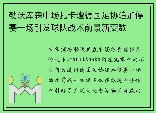 勒沃库森中场扎卡遭德国足协追加停赛一场引发球队战术前景新变数